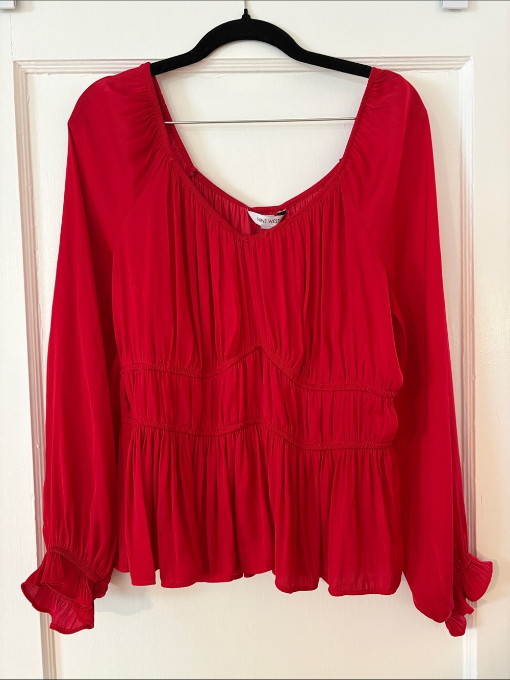Nine West Fire Red Peasant-Style Long Sleeve Blouse
